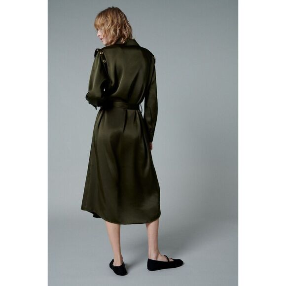 Green Zara Collared Button Down Belted Grommet Ring Long Sleeve Midi Dress (NWT) - Picture 3 of 8
